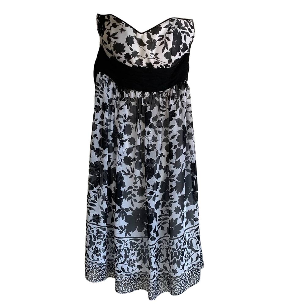 White House Black Market Floral Black and White Strapless Dress Size 2